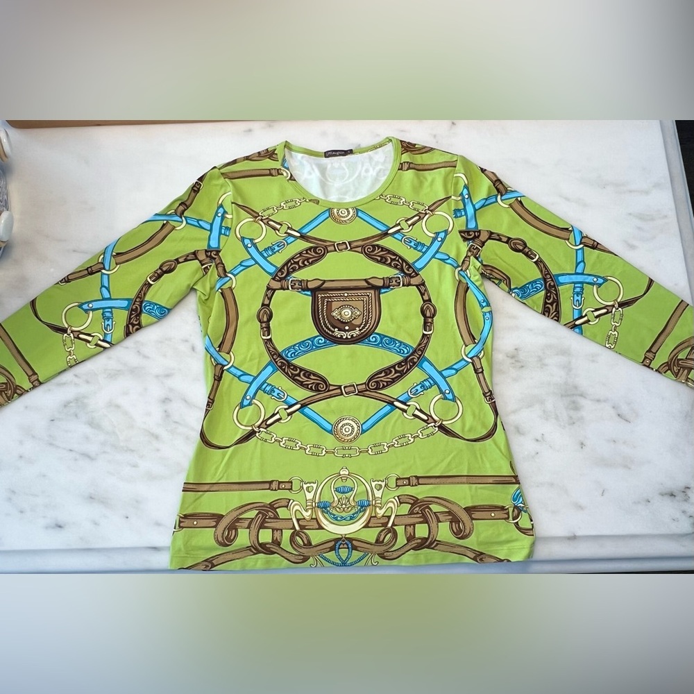J. McLaughlin Lime Green and Aqua Chain Print Blouse